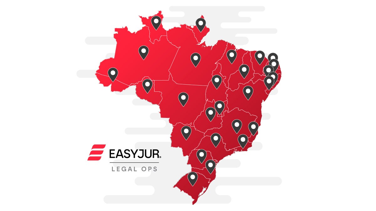 Mapa do Brasil com marcações indicando atuação nacional da EasyJur Legal Ops em diligências jurídicas.